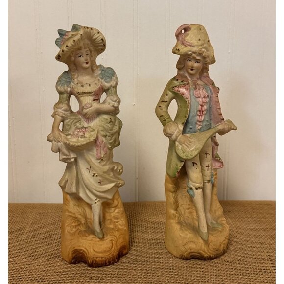 Vintage Victorian Figurines Man & Woman Playing Instruments Hand-Painted Bisqu - Picture 1 of 9